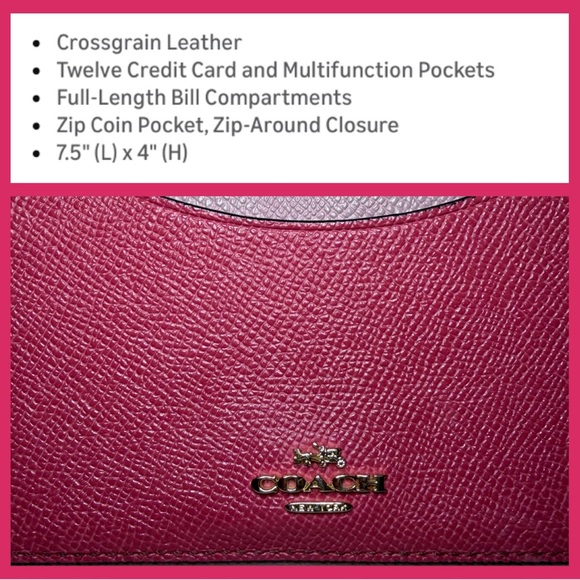 Coach Zip Around Wallet Leather Colorblock Pink & Red  Accordion Women's Wallet - Picture 5 of 11